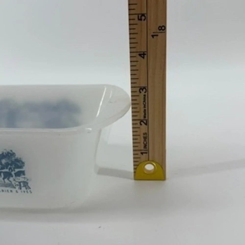 Vintage Currier Ives Milk Glass Blue Scenic Farm Loaf Pan Divided Casserole Dish